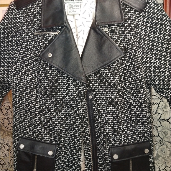 Bradley Bayou black and white wool coat leather trim zipper unique piece NWOT - Picture 3 of 6